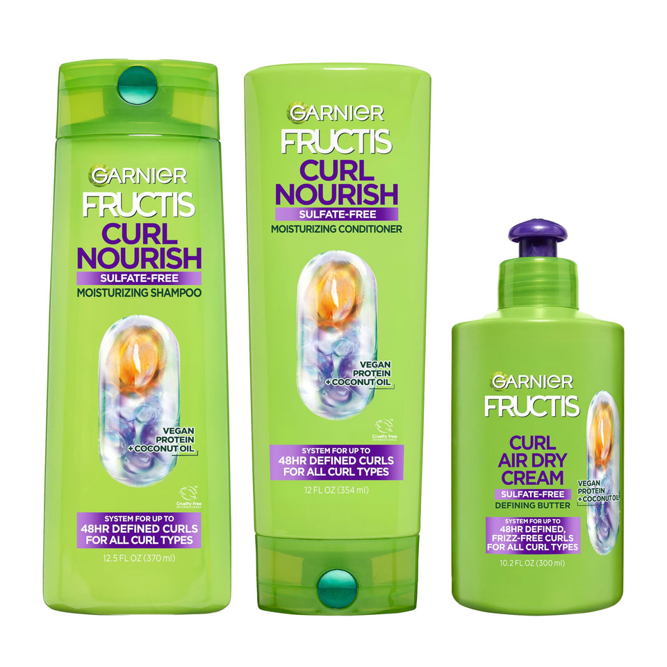 Garnier Fructis front packaging showing full curl nourish three-piece set benefits