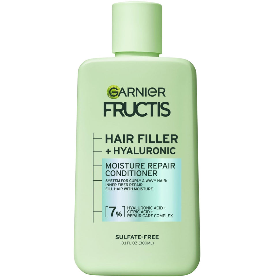 Garnier Fructis front bottle showing product and benefit for hydrated curls