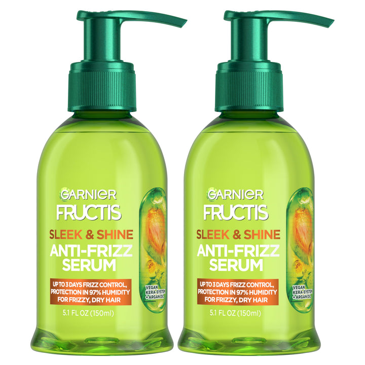 Garnier Fructis front packaging showing twin 5.1 fl oz bottles and benefits