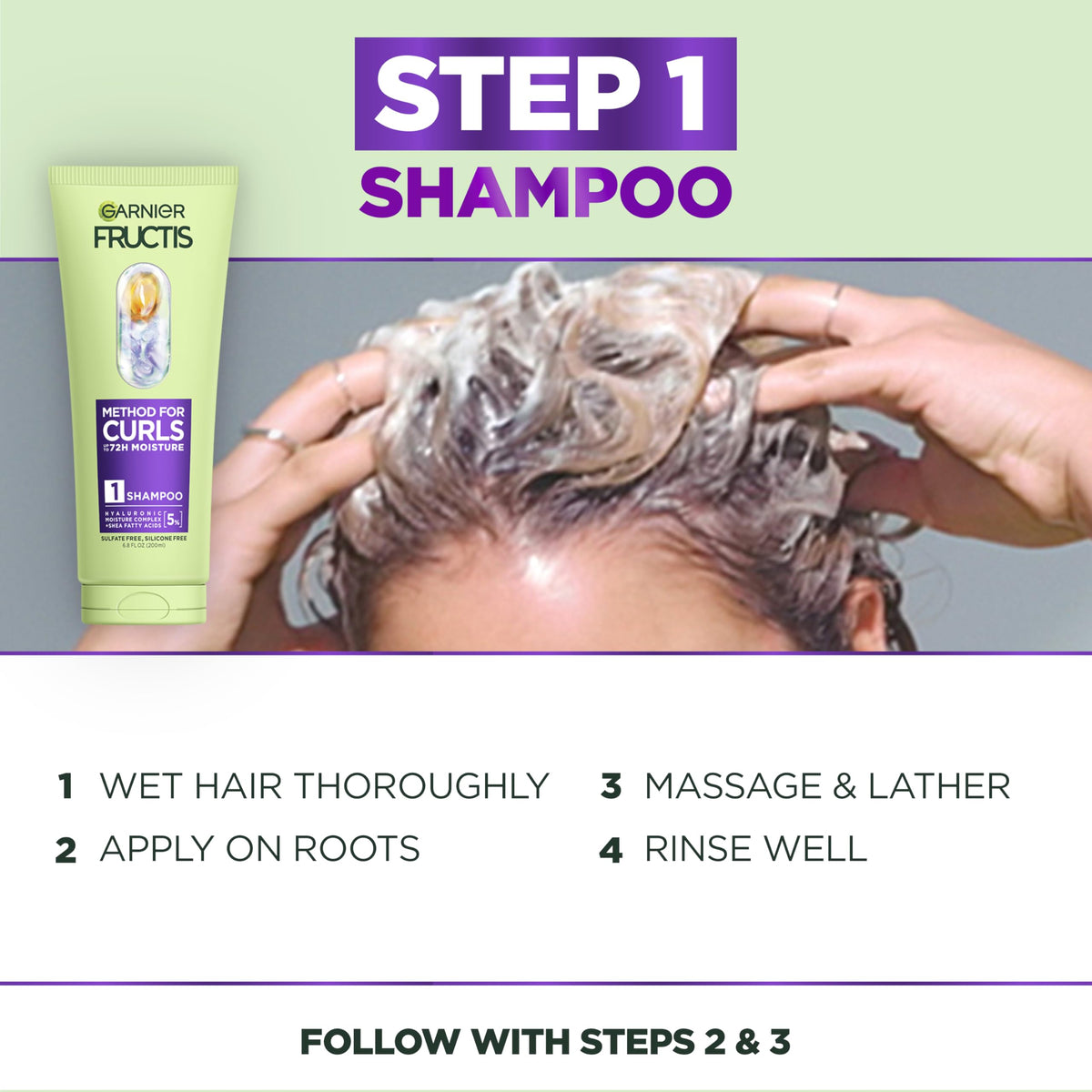 Garnier Fructis mask being applied to wet curls demonstrating easy application benefit