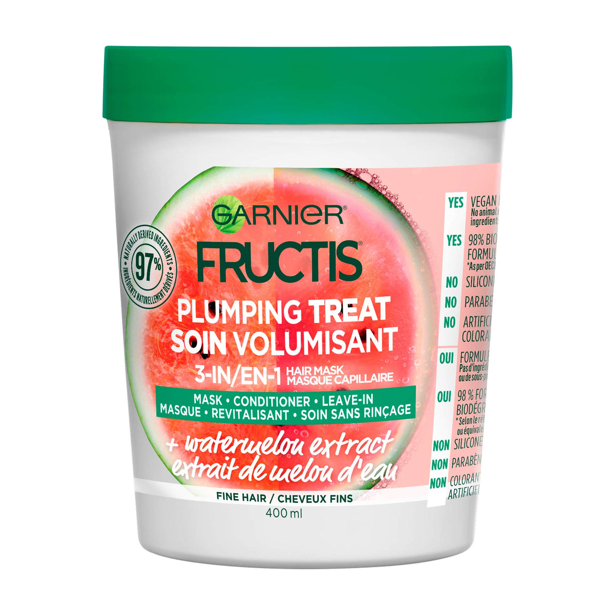Garnier Fructis plumping treat front packaging showing jar and watermelon benefit