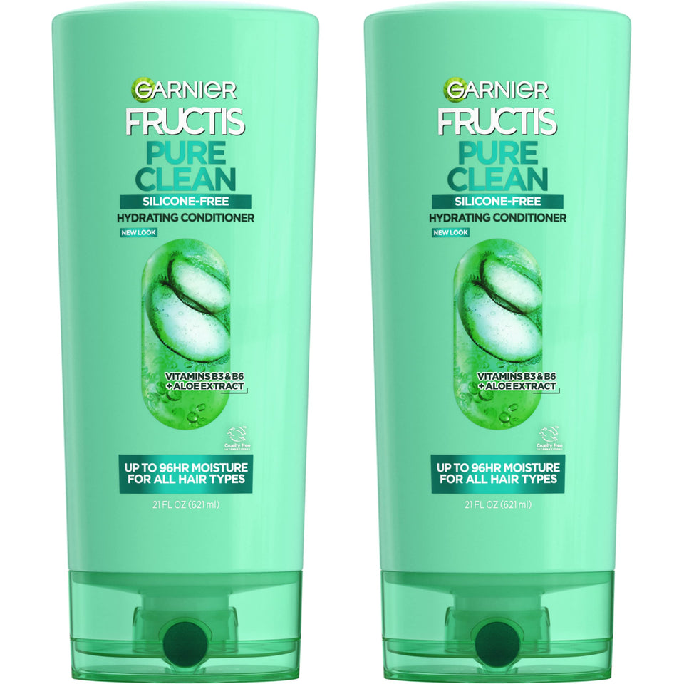 Garnier Fructis front packaging showing 21 fl oz bottle and recyclable label benefit