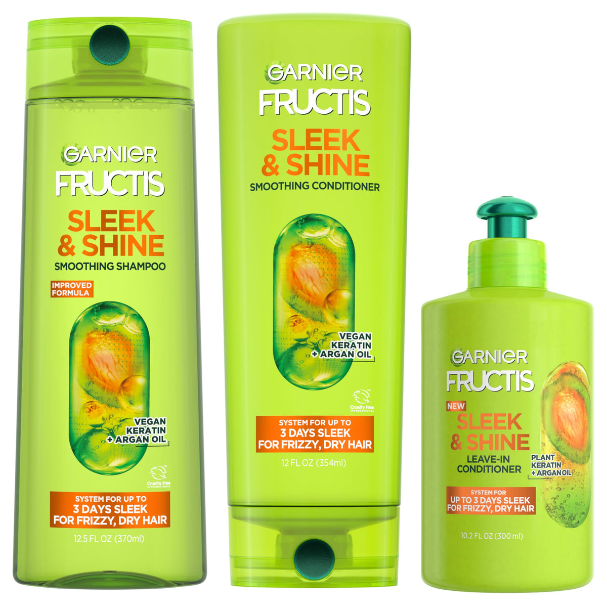 Garnier Fructis front packaging showing full three-piece kit and benefits
