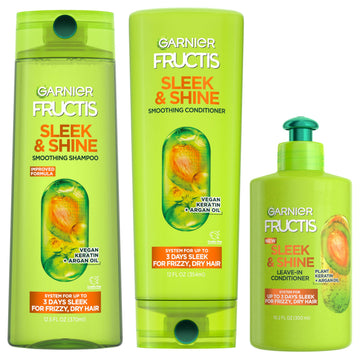 Garnier Fructis front packaging showing full three-piece kit and benefits