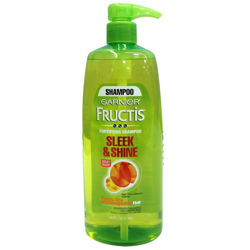 Garnier Fructis front pump bottle showing label and benefit of smooth, shiny hair