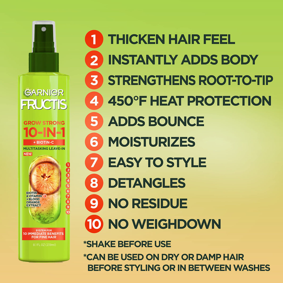 Hand-held Garnier bottle spraying mist onto hair showcasing easy application and lift