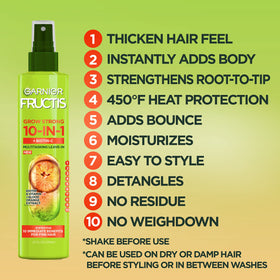 Hand-held Garnier bottle spraying mist onto hair showcasing easy application and lift