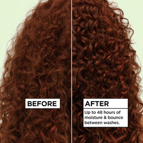Garnier Fructis spray being applied to curly hair to reduce frizz and add bounce