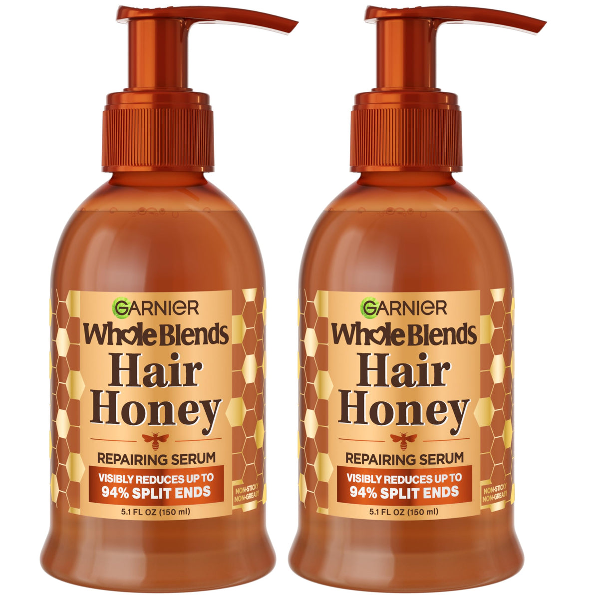 Garnier bottle front view shows label and size, highlights repairing benefits
