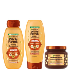 Garnier front packaging showing the three-piece honey repair set, conveys complete routine