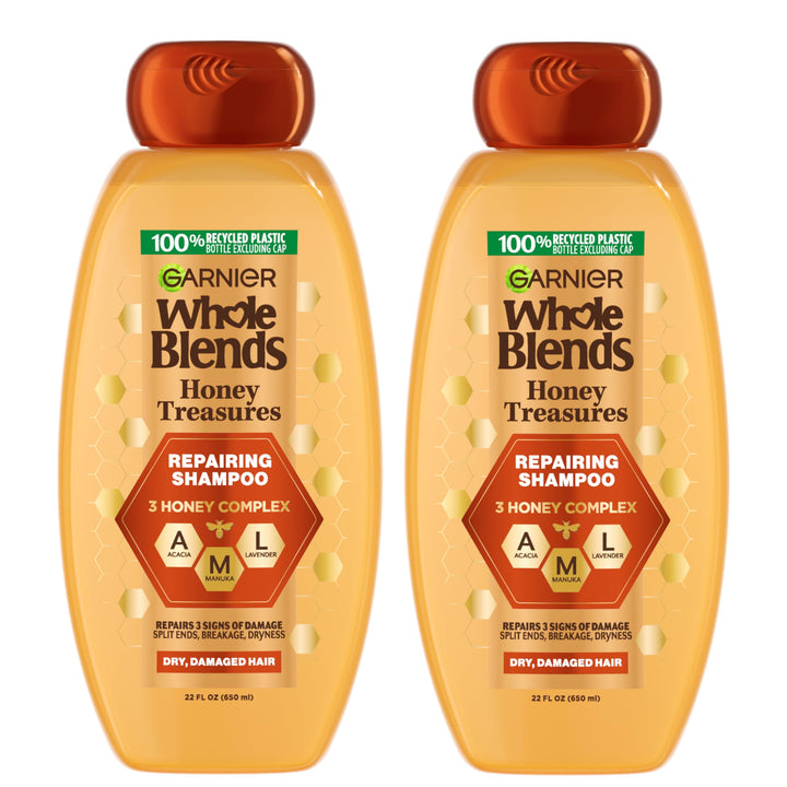 Garnier honey treasures front packaging showing two 22 ounce bottles for value