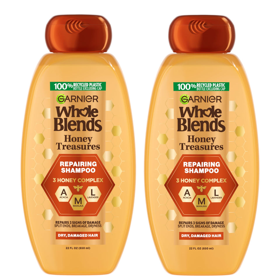 Garnier honey treasures front packaging showing two 22 ounce bottles for value