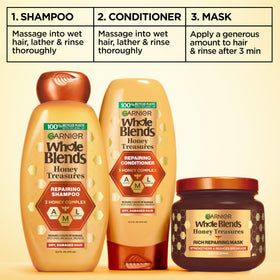 Garnier whole blends lifestyle bathroom shelf showing everyday hair care use