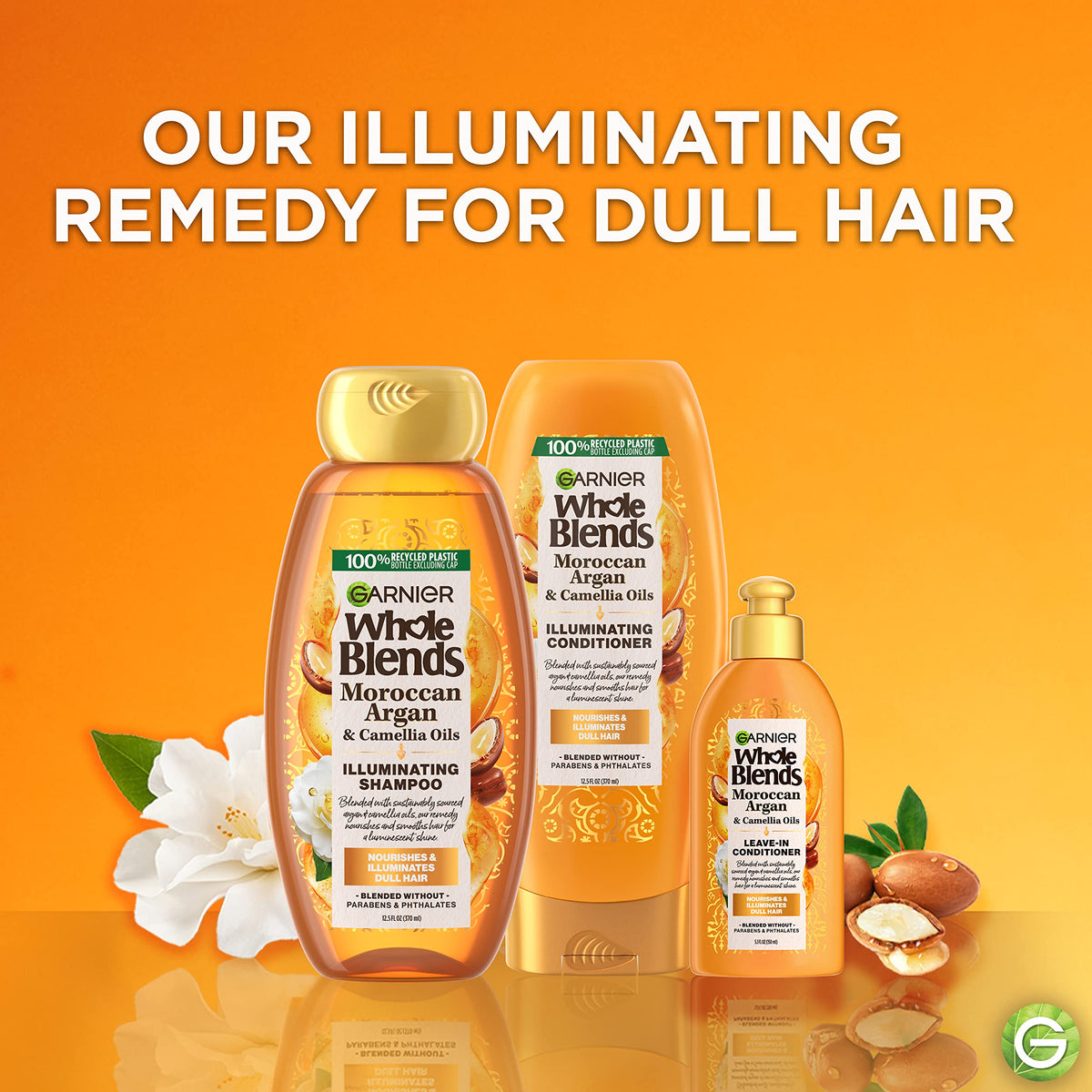 Garnier close-up of argan and camellia ingredients highlighting natural shine boost