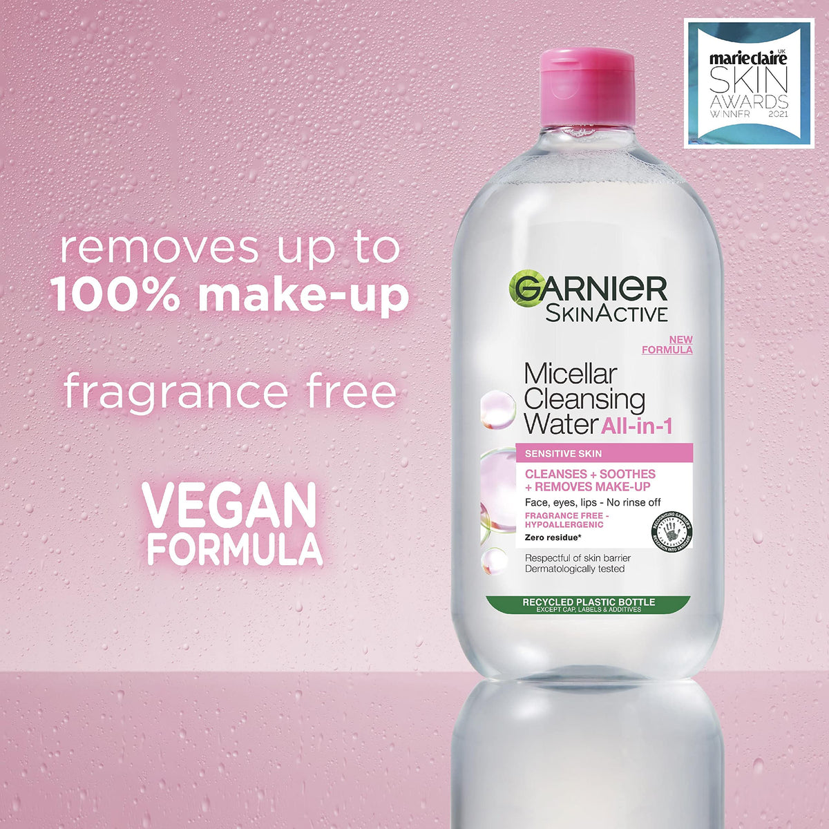 Garnier close-up of clear micellar texture highlighting mild, soothing formula