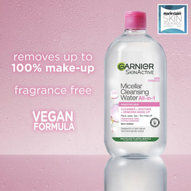 Garnier close-up of clear micellar texture highlighting mild, soothing formula