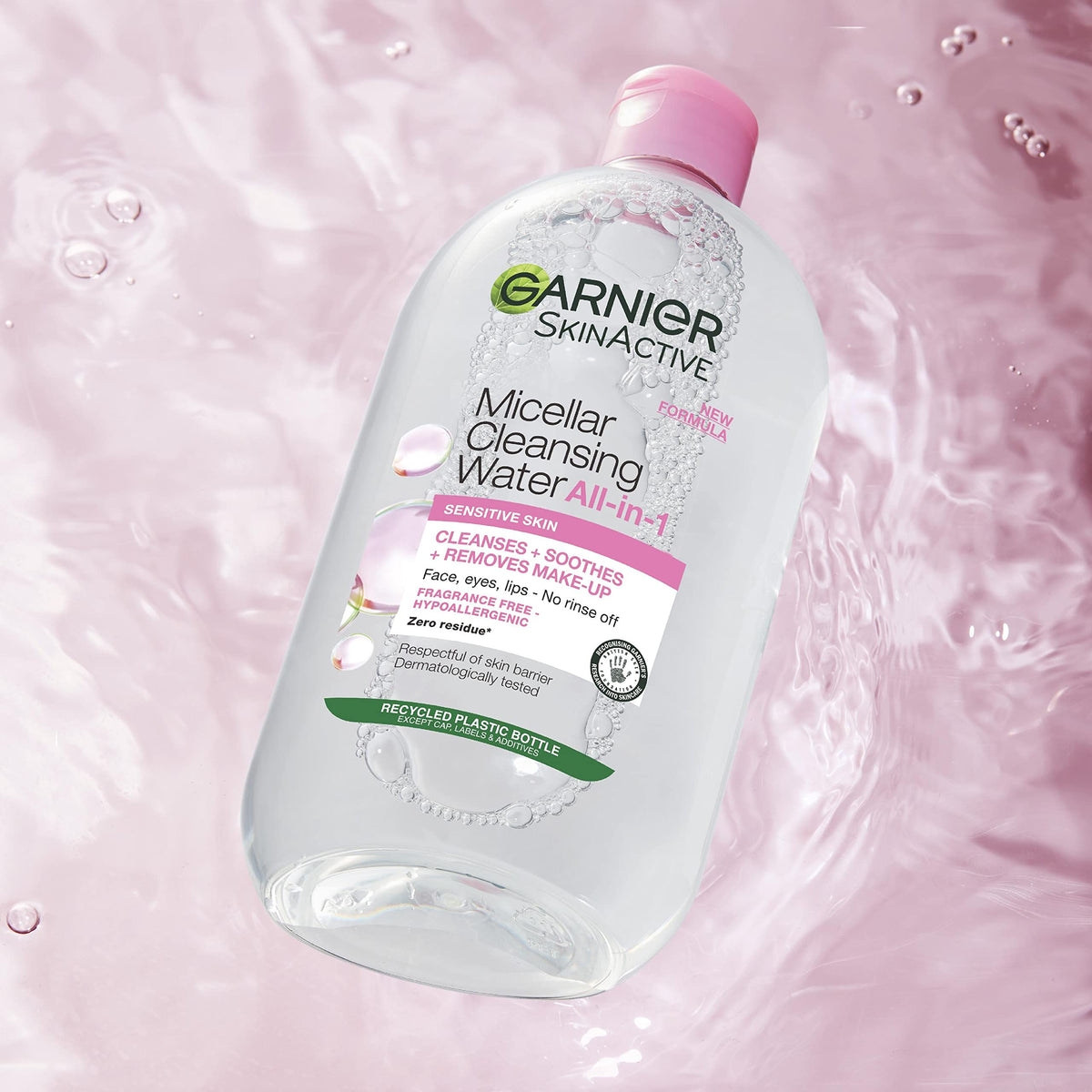 Garnier in-use with cotton pad removing makeup for quick, gentle cleansing