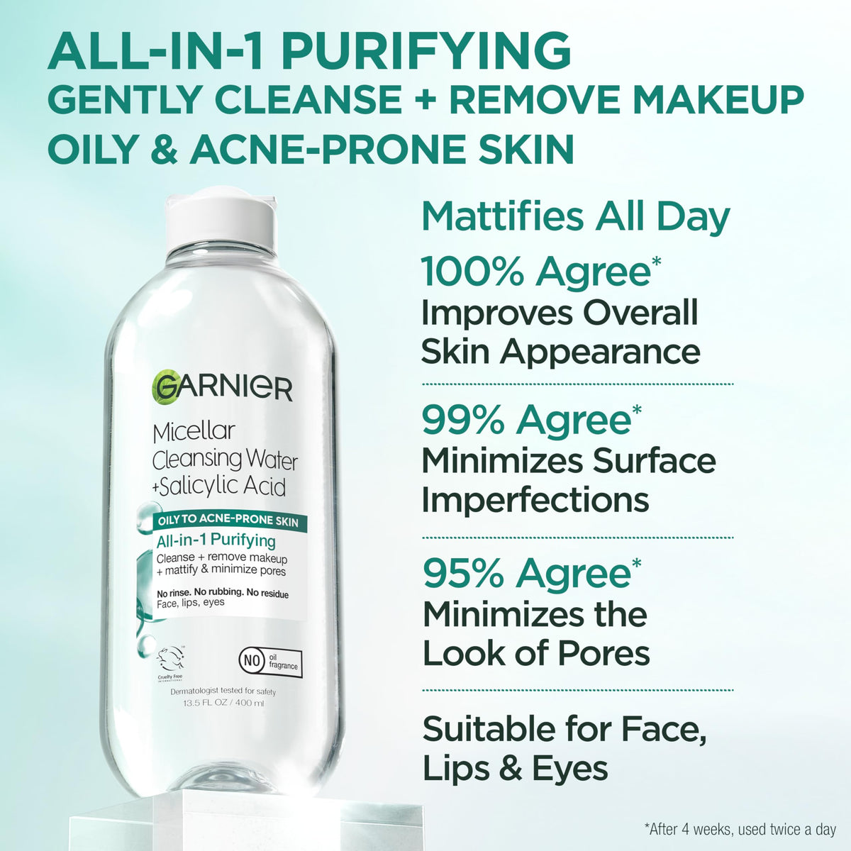 Garnier micellar in-use on a cotton pad removing foundation and oil for gentle cleansing