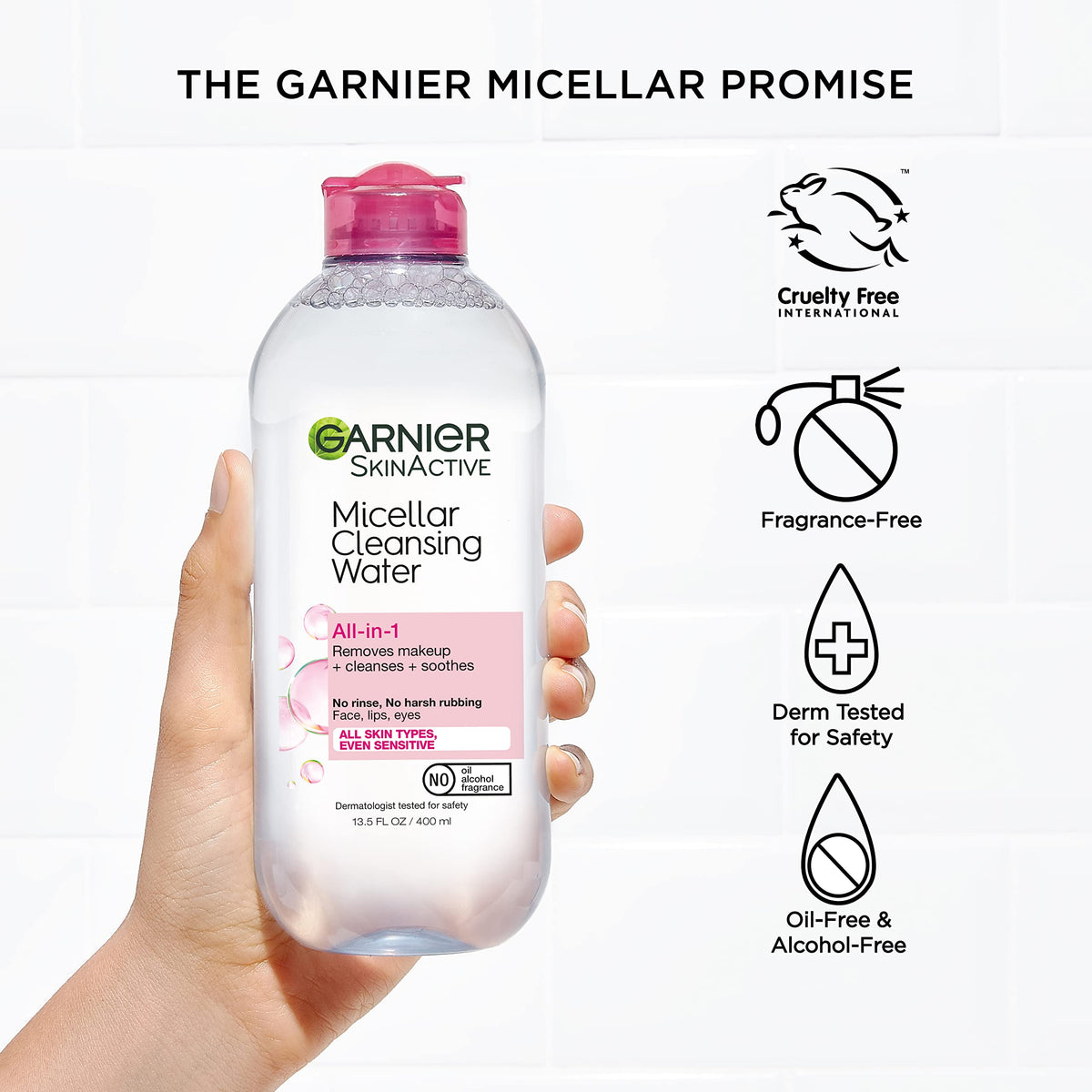 Garnier micellar water on a bathroom vanity for quick daily skincare routine