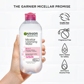 Garnier micellar water on a bathroom vanity for quick daily skincare routine