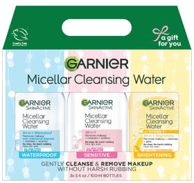 Garnier front packaging showing three mini bottles and clear travel-friendly benefit