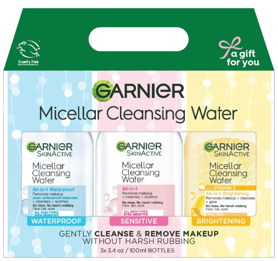 Garnier front packaging showing three mini bottles and clear travel-friendly benefit