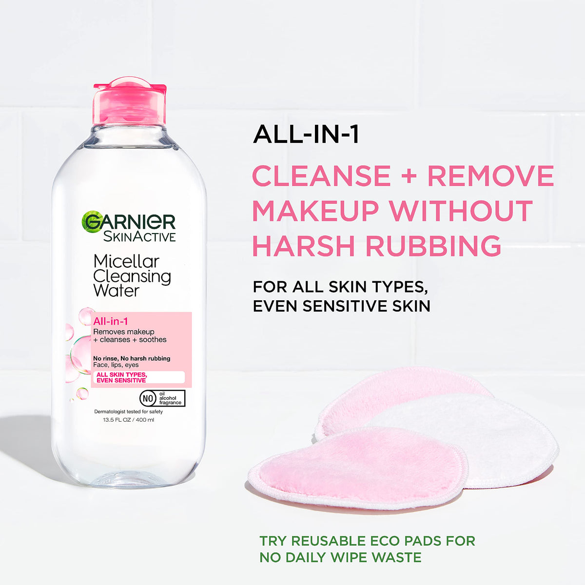 Garnier close-up of clear micellar water texture highlighting gentle cleansing