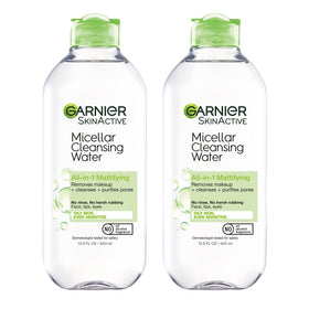 Garnier front packaging showing two mattifying micellar water bottles for convenience