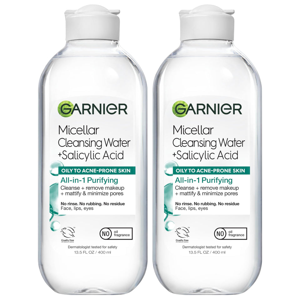 Garnier micellar water front packaging shows bottle and label for easy identification and quick use