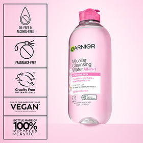Person using Garnier micellar water to remove makeup gently and quickly