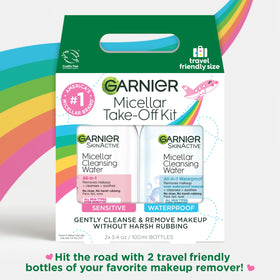 Garnier mini bottles next to passport illustrating travel-friendly size and portability