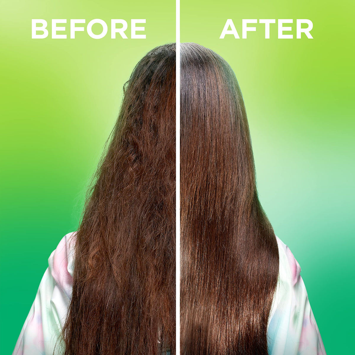 Model applying Garnier oil to hair tips for instant frizz control