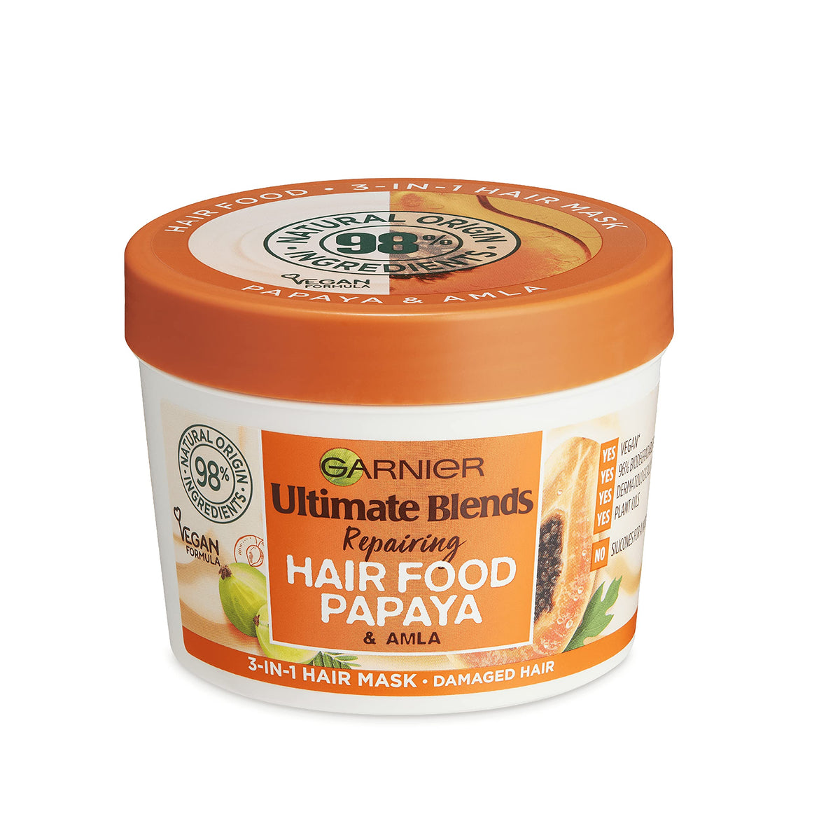 Garnier front jar showing papaya formula and generous 390ml size benefit