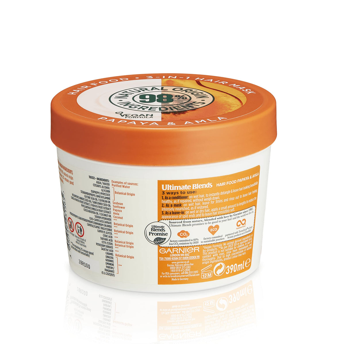 Garnier jar in hand demonstrating 390ml value and long-lasting supply benefit