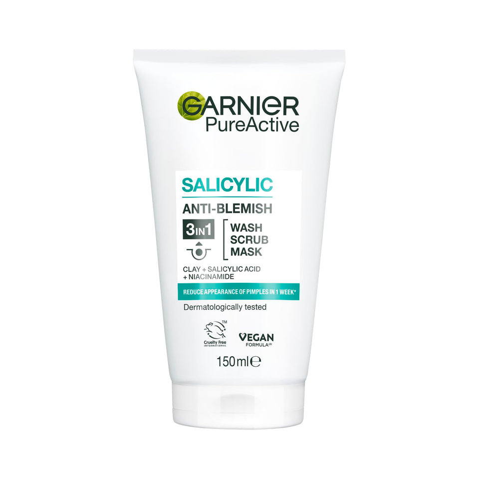 Garnier front packaging showing 150ml tube and product name, clear clean benefit