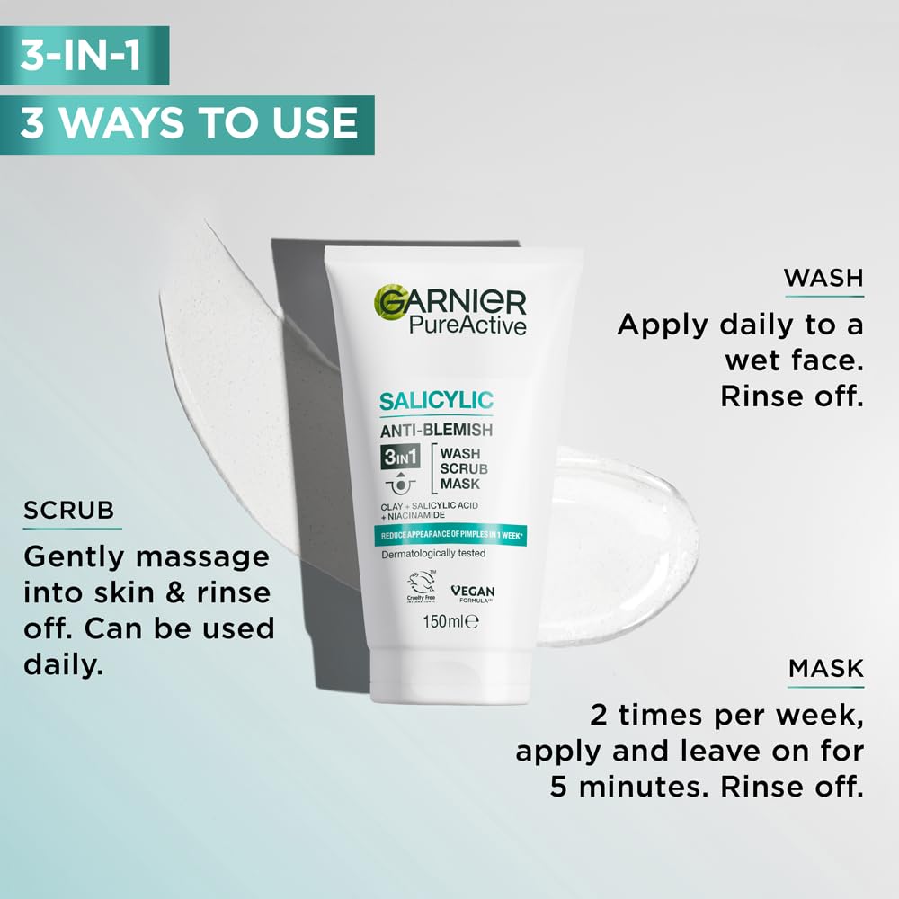 Garnier mask applied on cheeks showing white clay mattifying and soothing effect