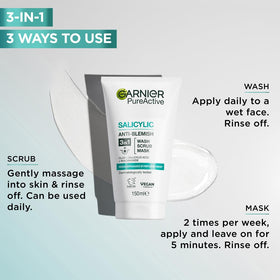 Garnier mask applied on cheeks showing white clay mattifying and soothing effect