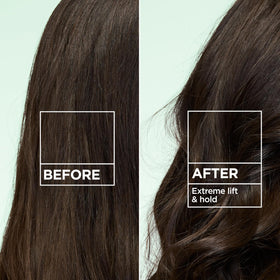 Garnier Fructis mousse being applied to damp hair at roots for immediate lift benefit