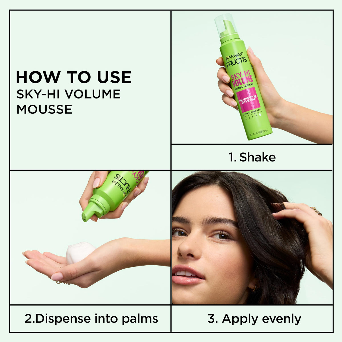 Garnier Fructis mousse used during blow-dry with round brush for strong root lift benefit