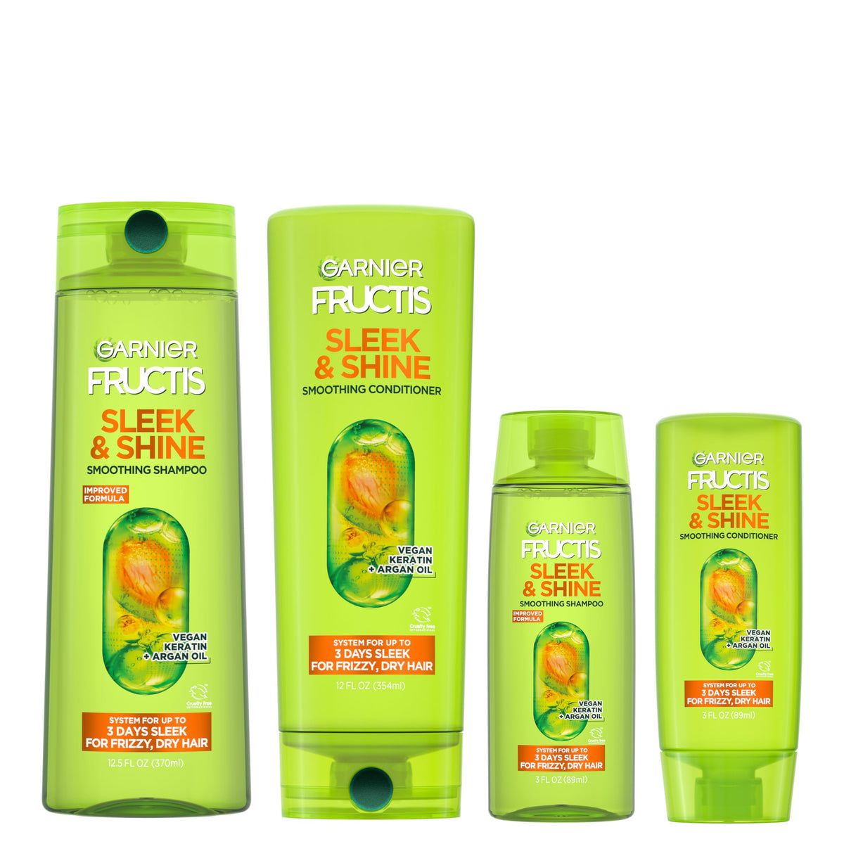 Garnier Sleek & Shine front packaging showing full and travel bottles, travel convenience