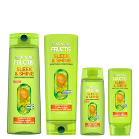 Garnier Sleek & Shine front packaging showing full and travel bottles, travel convenience