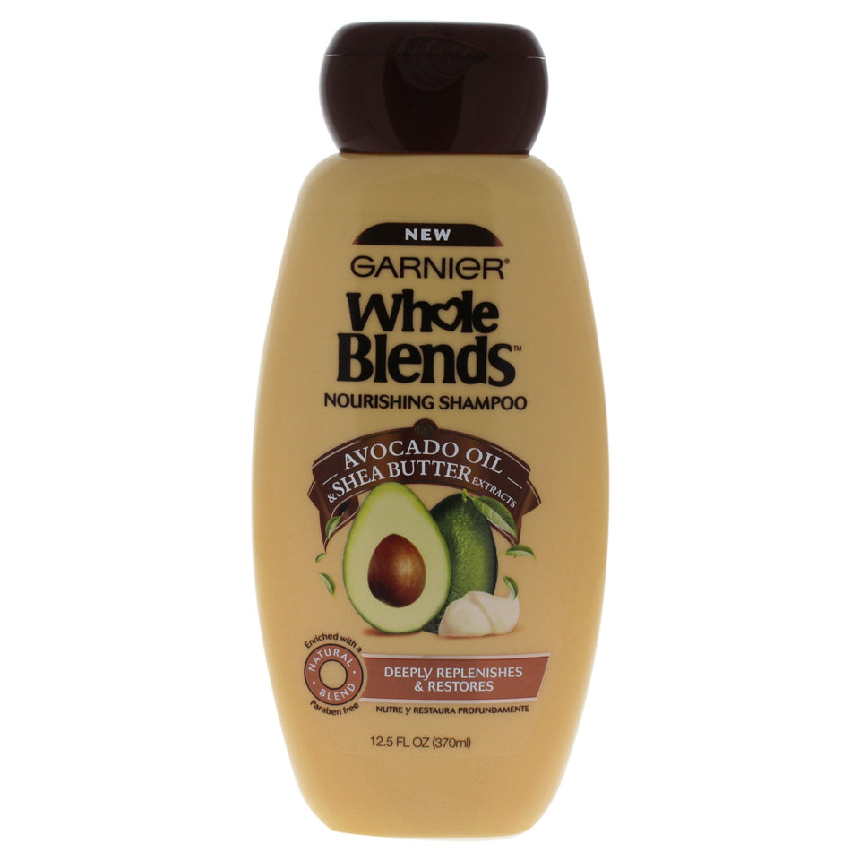 Garnier Whole Blends front bottle view showing label and size, highlights nourishing benefits