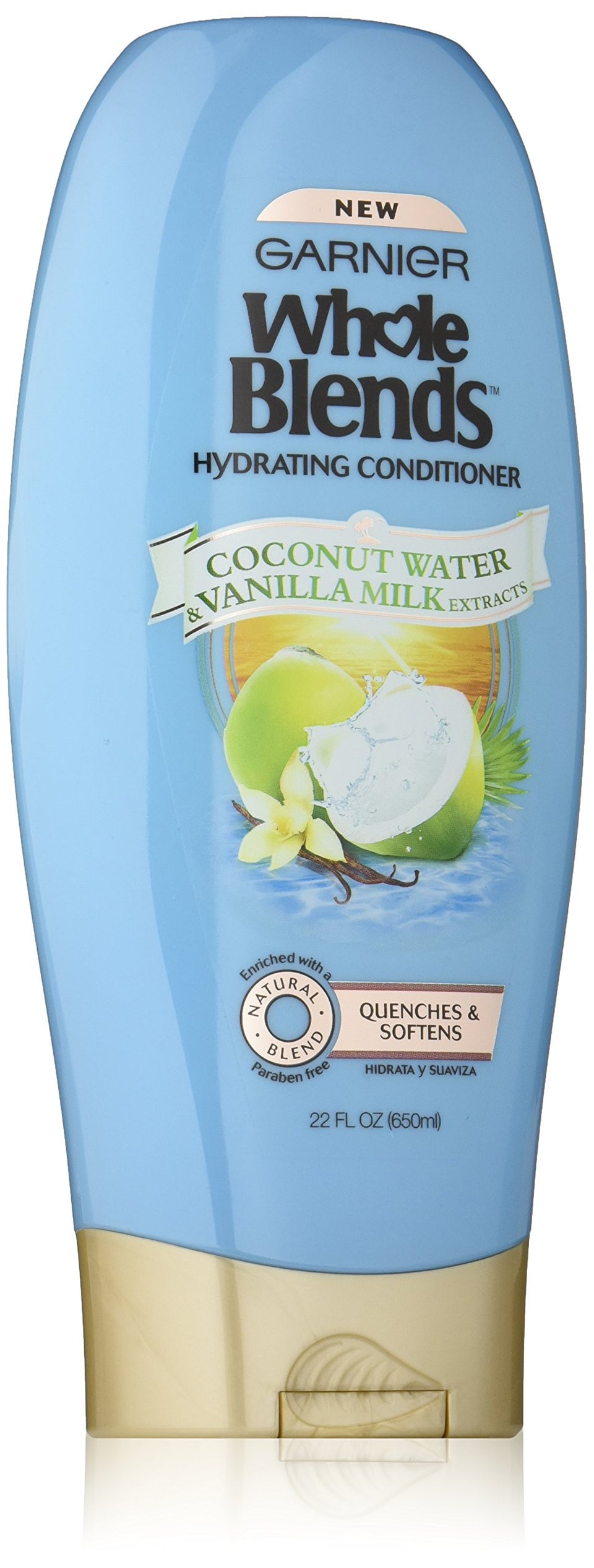 garnier Whole Blends front packaging showing coconut and vanilla, highlights hydration benefit