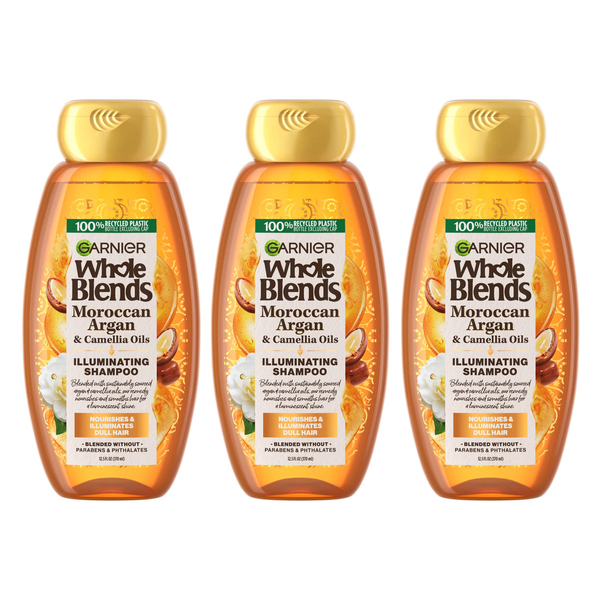 Garnier Whole Blends front packaging showing three bottles, clear product identity and value