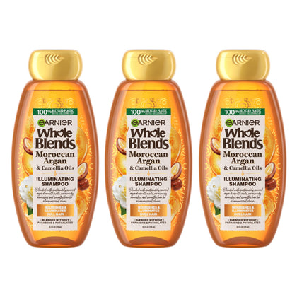 Garnier Whole Blends front packaging showing three bottles, clear product identity and value