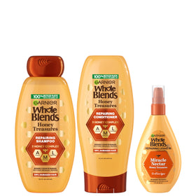 Garnier front packaging showing the three-piece Honey Treasures kit benefits