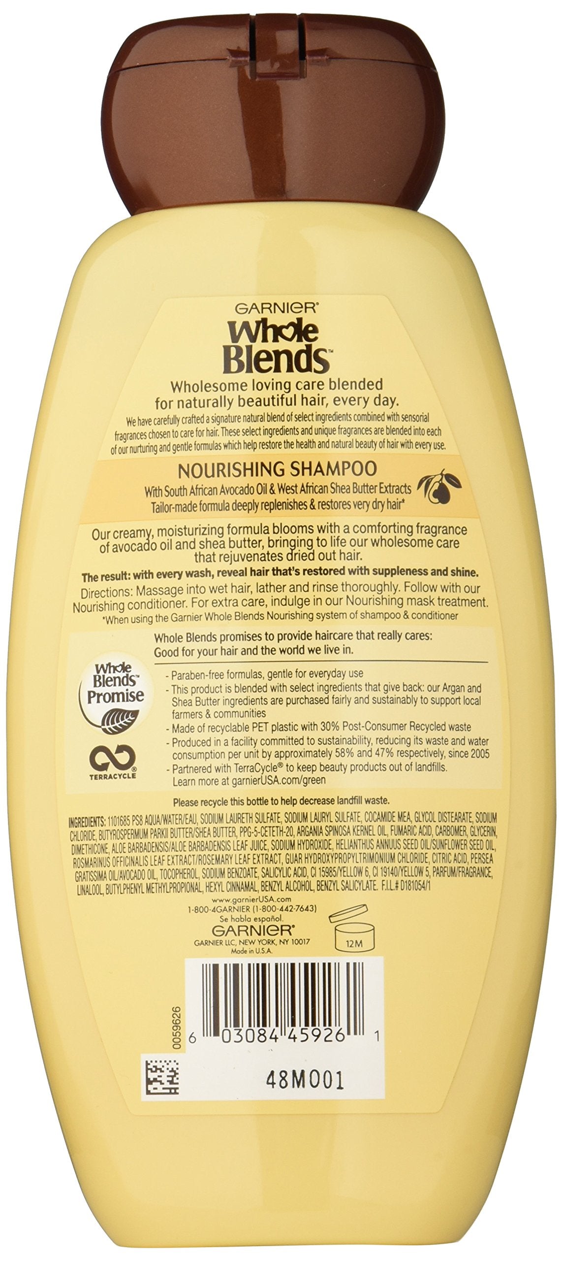 Garnier Whole Blends shampoo texture pouring from bottle, shows creamy consistency for conditioning