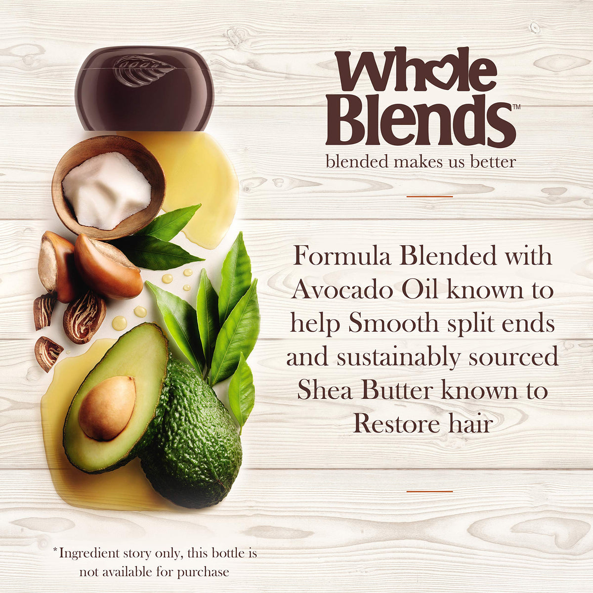 Garnier Whole Blends bottle on bathroom shelf with towel, shows daily-use convenience and care