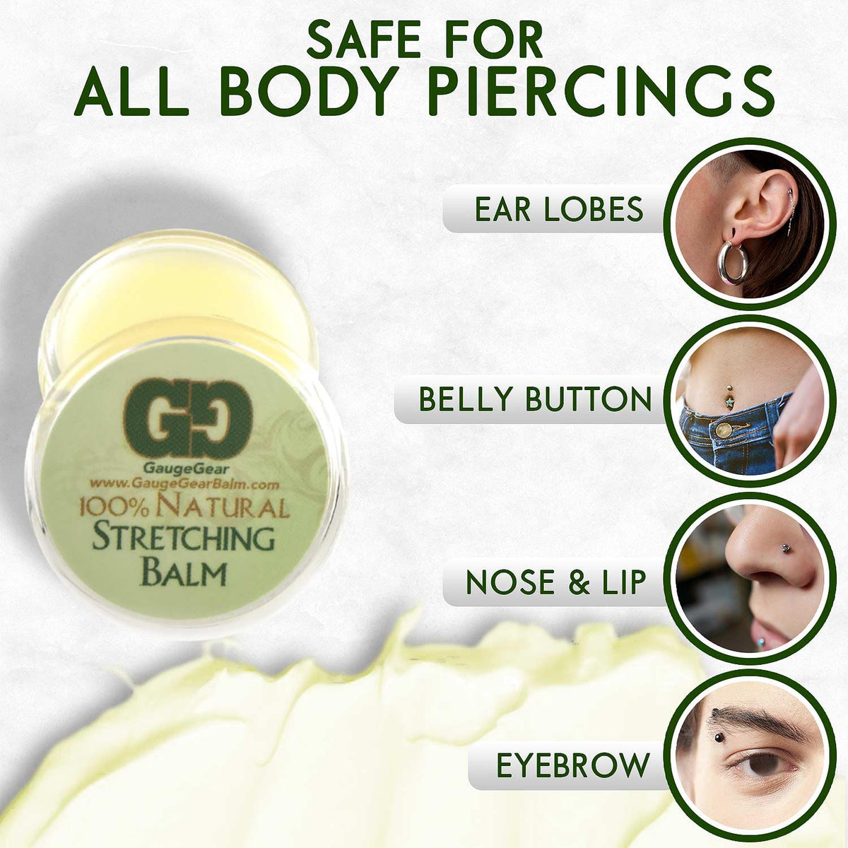 Gauge Gear application on earlobe illustrating safer insertion and reduced friction
