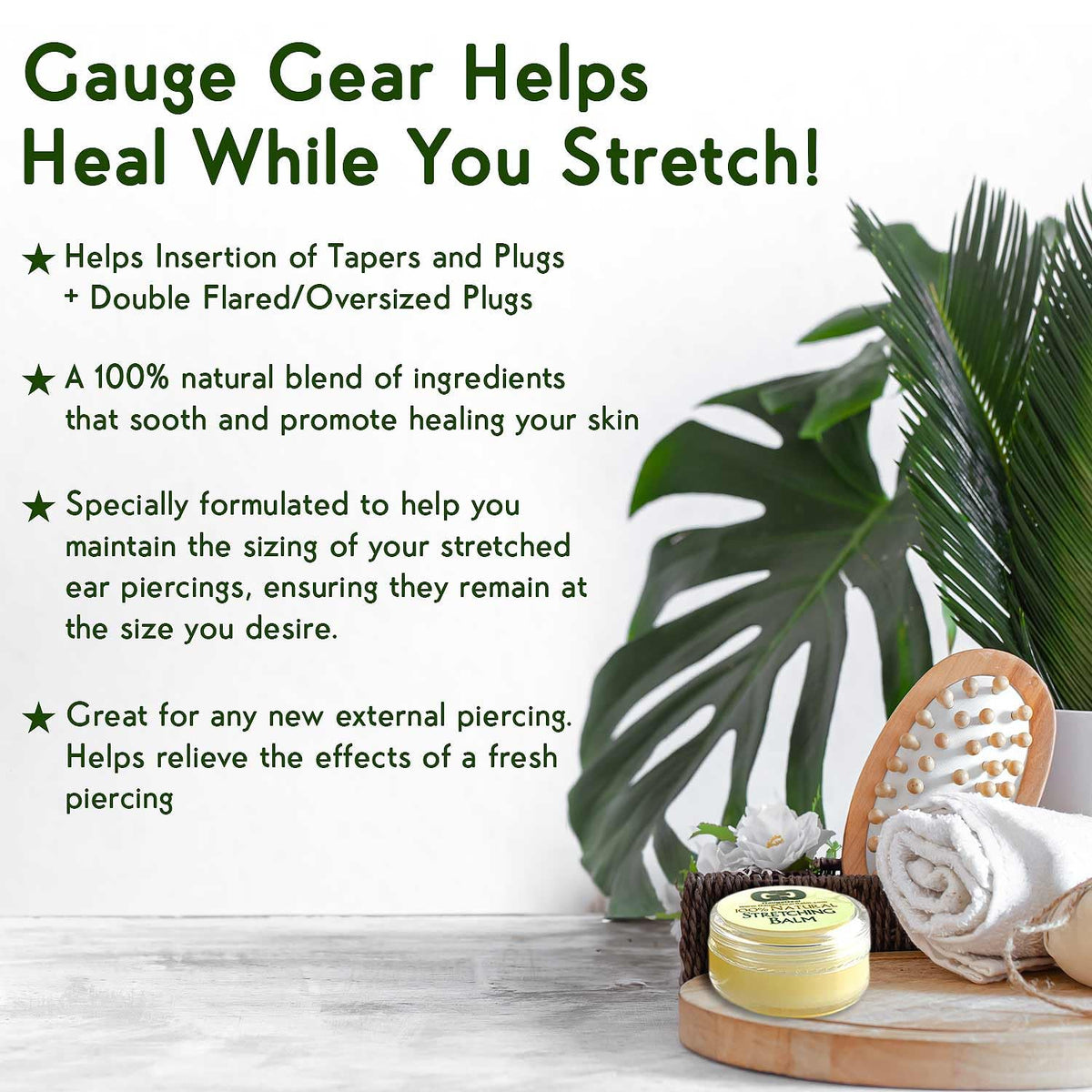 Gauge Gear ingredient bottle arrangement highlighting natural oils and calming benefits